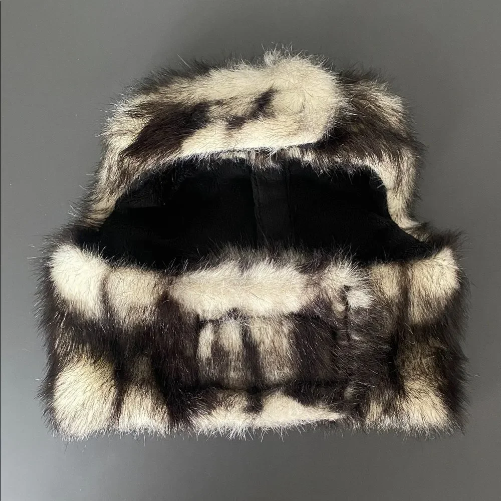 Pet Flys Faux Fur Dog Vest Sz M Black & Cream Made in USA Winter Animal Print